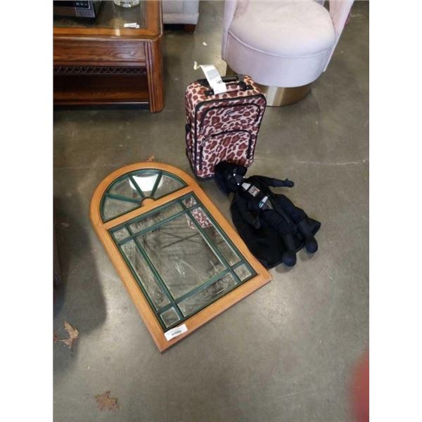 OAK WALL MIRROR, LEOPARD PRINT LUGGAGE AND DARTH VADER DOLL