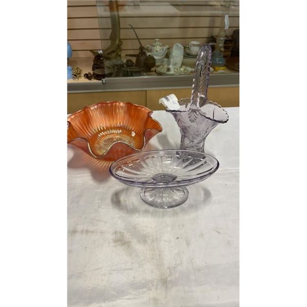 AMETHYST GLASS BASKET AND PEDESTAL DISH AND CARNIVAL GLASS BOWL