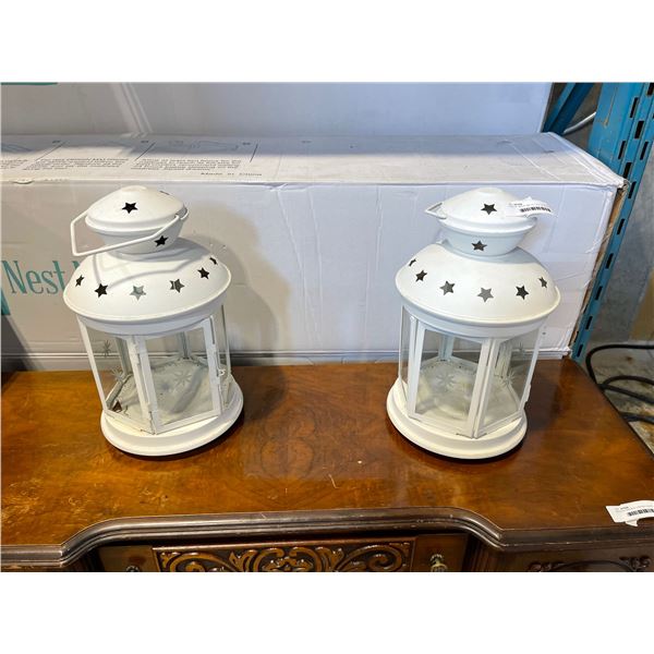 PAIR OF WHITE METAL LANTERNS W/ GLASS DOORS