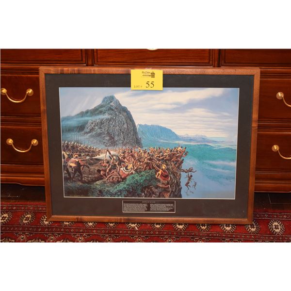 KOA FRAMED LITHOGRAPH, "BATTLE OF NUUANU"; HERB KANE (28 1/2" X 21 1/2")