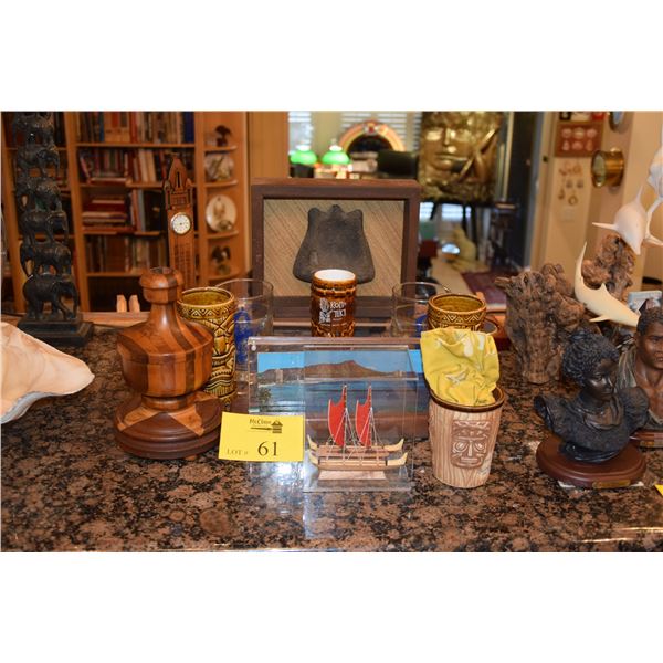 HAWAIIAN THEMED DECO: HOKULEA SHIP MODEL, BAR GLASSES, FRAMED ART, ALOHA TOWER CLOCK, ETC. (13 PCS)