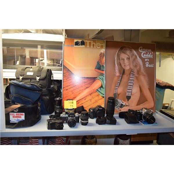 CAMERAS (NIKON, CANNON & LENSES), CASES, ADVERTISING POSTERS (18 PCS)