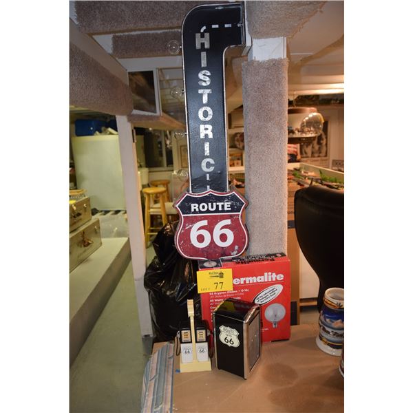 ROUTE 66 LIGHTED SIGN, NAPKIN HOLDER, SALT & PEPPER SHAKERS & LIGHT BULBS (4 PCS)