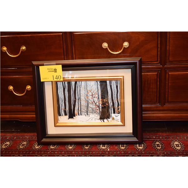 SHADOWBOX FRAMED HAND EMBROIDERY ON SILK, "AUTUMN"; SIGNED HOANG LE XUAN (15" X 19")