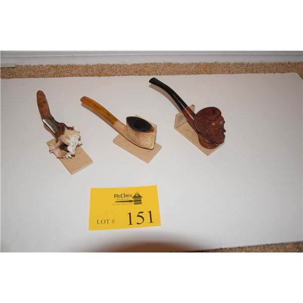 COLLECTION OF PIPES: SHELL, MEERCHAUM & CARVED WOOD (3 PCS)