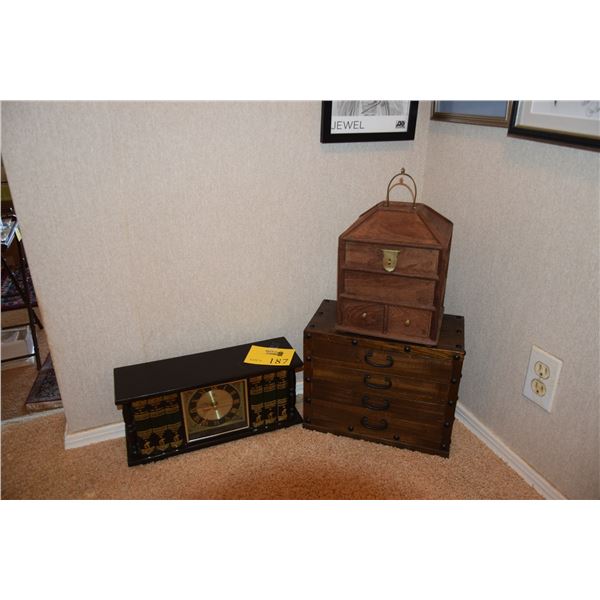 WOOD JEWELRY BOXES (13" X 6 14" X 10 1/2" H & 8 1/4" X 8" X 14"H) & "HISTORY OF THE WORLD" CLOCK (15