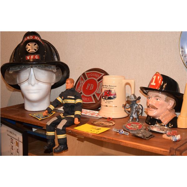 FIREFIGHTER'S COLLECTIBLES: ROUND HILL VOLUNTEER FD HELMET, BELT BUCKLES, FIGURINES, MUG, ETC. (15  