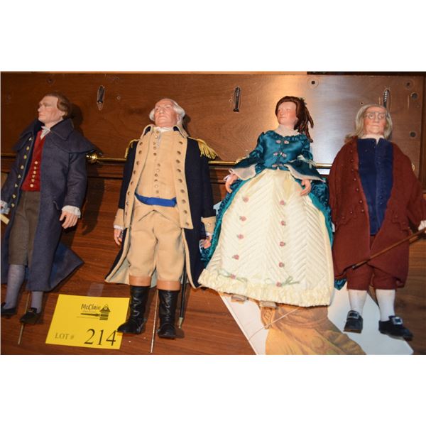 "GREAT AMERICANS" FIGURINES W/SHELF (BEN FRANKLIN, ABIGAIL ADAMS, THOMAS JEFFERSON, GEORGE WASHINGTO