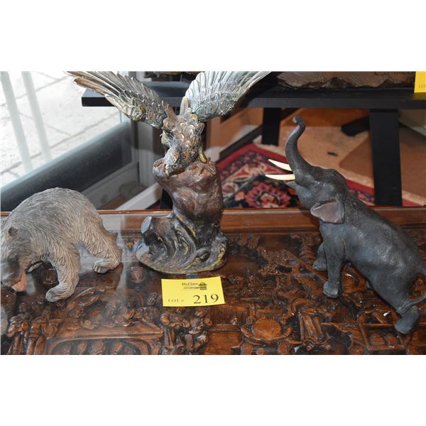 ANIMAL STATUARY: WOOD BEAR, BRONZE EAGLE & BRONZE ELEPHANT (3 PCS)