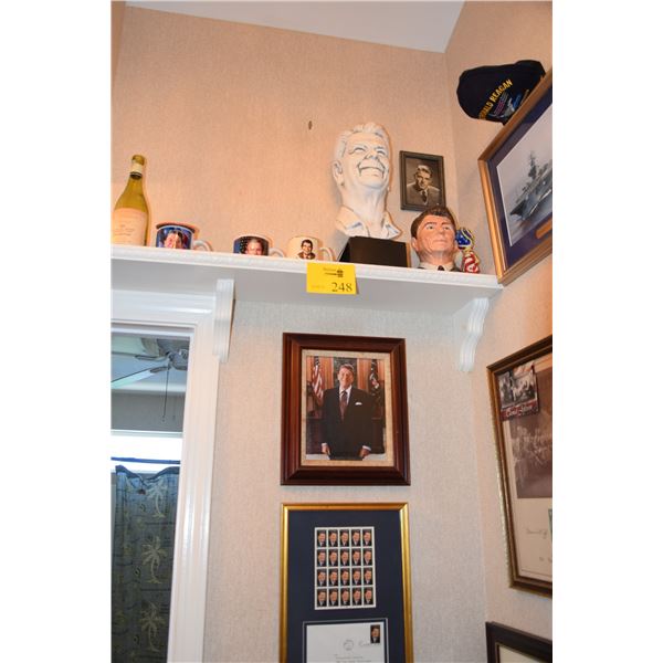 RONALD REAGAN MEMORABILIA: HAT, MUGS, FIGURINES, PHOTO, STAMPS, ETC. (11" X 16" * 13 3/4" X 11 1/2")