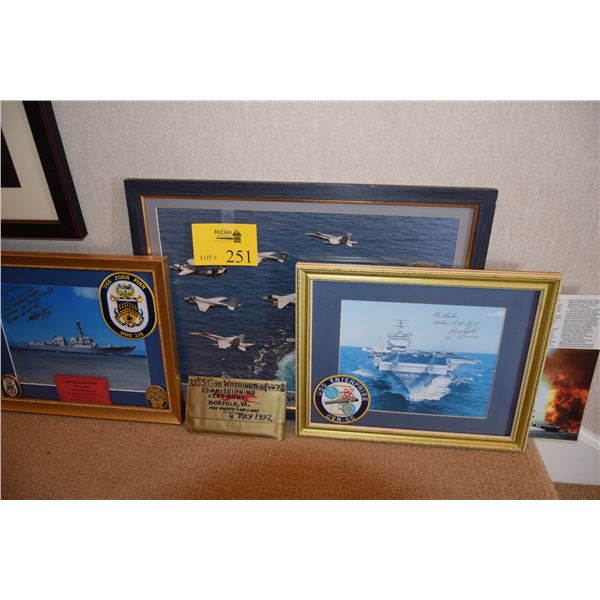 FRAMED PHOTOS: USS JOHN FINN, USS ENTERPRISE, USS GEORGE WASHINGTON & RELATED EPHEMERA (5 PCS)