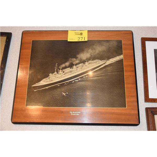 FRAMED SHELLAC PHOTO OF THE NORMANDIE FRENCH LINE ON BOARD (20" X 24")