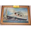 Image 1 : FRAMED OIL ON BOARD, "SS NORMANDIE"; SIGNED (20 1/2" X 14 3/4")