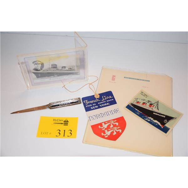 BAGGAGE TAG FROM THE NORMANDIE IN THE SHIELD FORM, RARE 8"L BRONZE LETTER OPENER MADE FROM THE NORMA