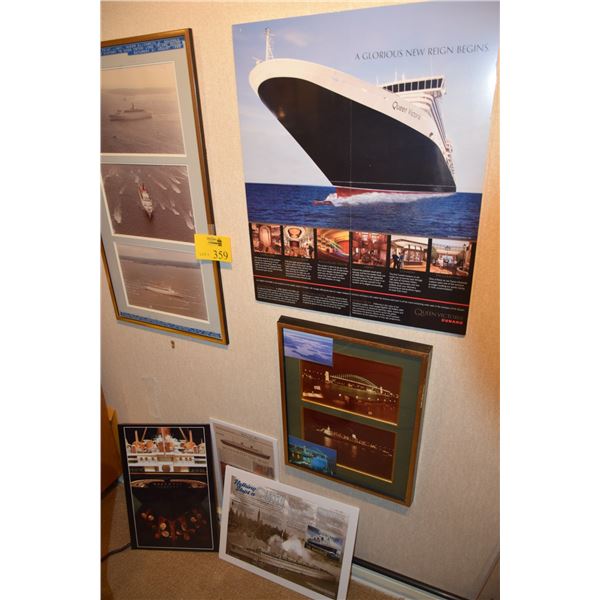 COLLECTION OF FRAMED PHOTOS & CUNARD SIGNAGE (3 PCS)