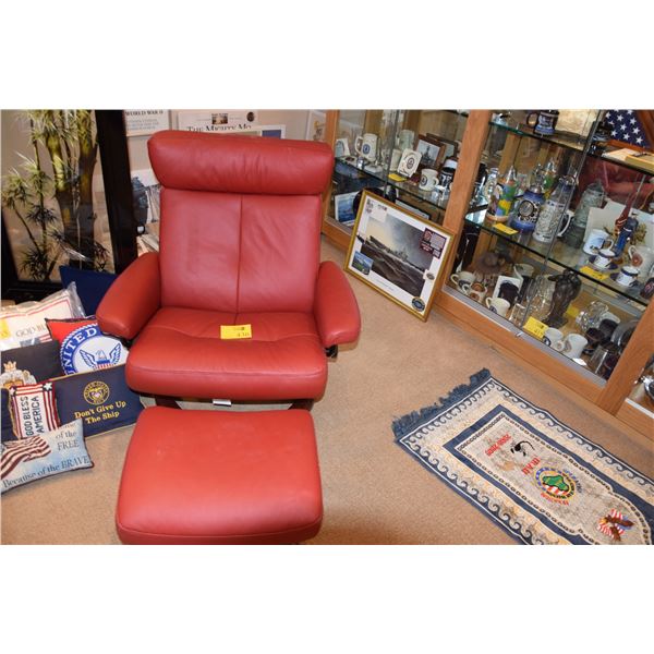 RED LEATHER STRESSLESS CHAIR W/OTTOMAN BY EKORNES (2 PCS)