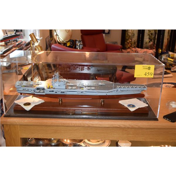 MODEL OF THE USS RONALD REAGAN (CVN-76) MOUNTED ON WOOD BASE IN PLEXI GLASS CASE (34 1/2L X 12 1/2" 