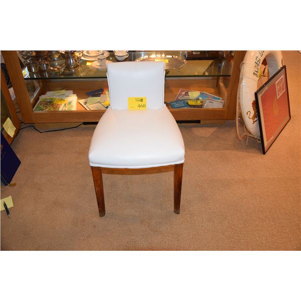 WHITE LEATHER SIDE CHAIR W/WOOD SIDES & LEGS FROM THE RMS QUEEN MARY (19" W X 18" D X 27 1/2" T)