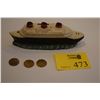 Image 1 : TERRA COTTA BANK IN THE SHAPE OF THE NORMANDIE (10" X 3 1/2" X 2") & GOLD PLATED MEDALLION GIVEN TO 