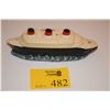Image 1 : TERRA COTTA BANK IN THE SHAPE OF THE NORMANDIE (10" X 3 1/2" X 2") & GOLD PLATED MEDALLION GIVEN TO 