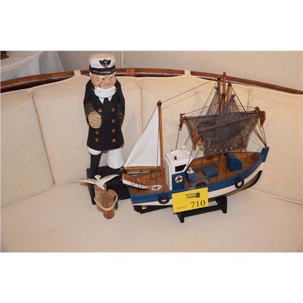 WOODEN PEG LEG "OLD SALTY" FIGURE, WOODEN BOAT & GLASS SEAGULL (3 PCS)