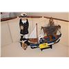 Image 1 : WOODEN PEG LEG "OLD SALTY" FIGURE, WOODEN BOAT & GLASS SEAGULL (3 PCS)