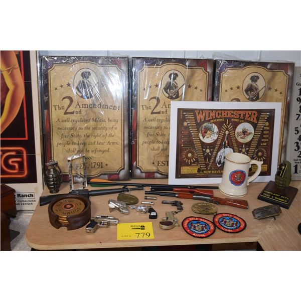 NRA PATCHES, MUG, BELT BUCKLE, GUN LIGHTERS, CLOCK, COASTERS, SIGNAGE, ETC. (26 PCS)