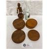 Image 2 : Mdina Hand Blown Art Glass Cat + Teak Coasters and Wooden Stick Man