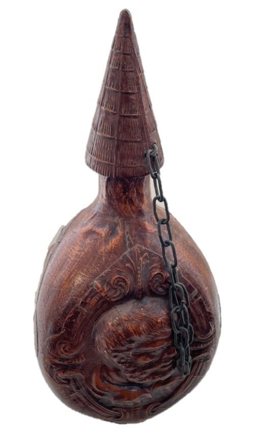 Vintage Leather Spanish Flask El Quijote De La Mancha , With Lid and Chain