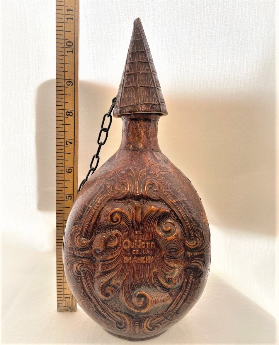 Vintage Leather Spanish Flask El Quijote De La Mancha , With Lid and Chain