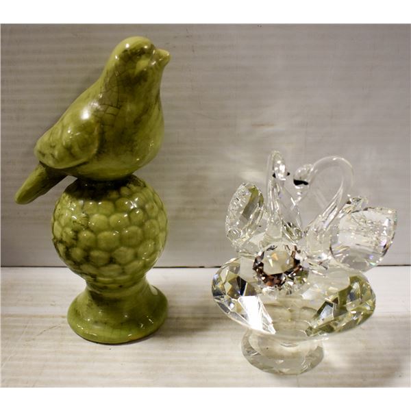 GREEN CERAMIC BIRD & CRYSTAL SWANS