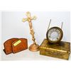 Image 1 : OLD BRASS CROSS,BRASS CIGAR BOX & LEATHER BOOKENDS