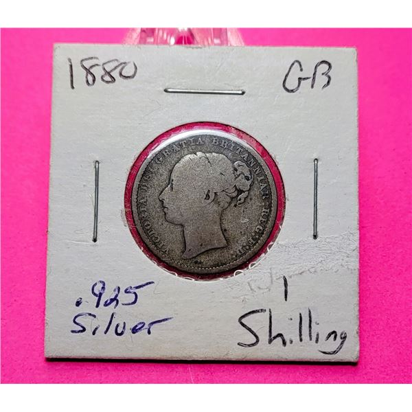 15)  BRITISH 1880 VICTORIA 1 SHILLING SILVER COIN.