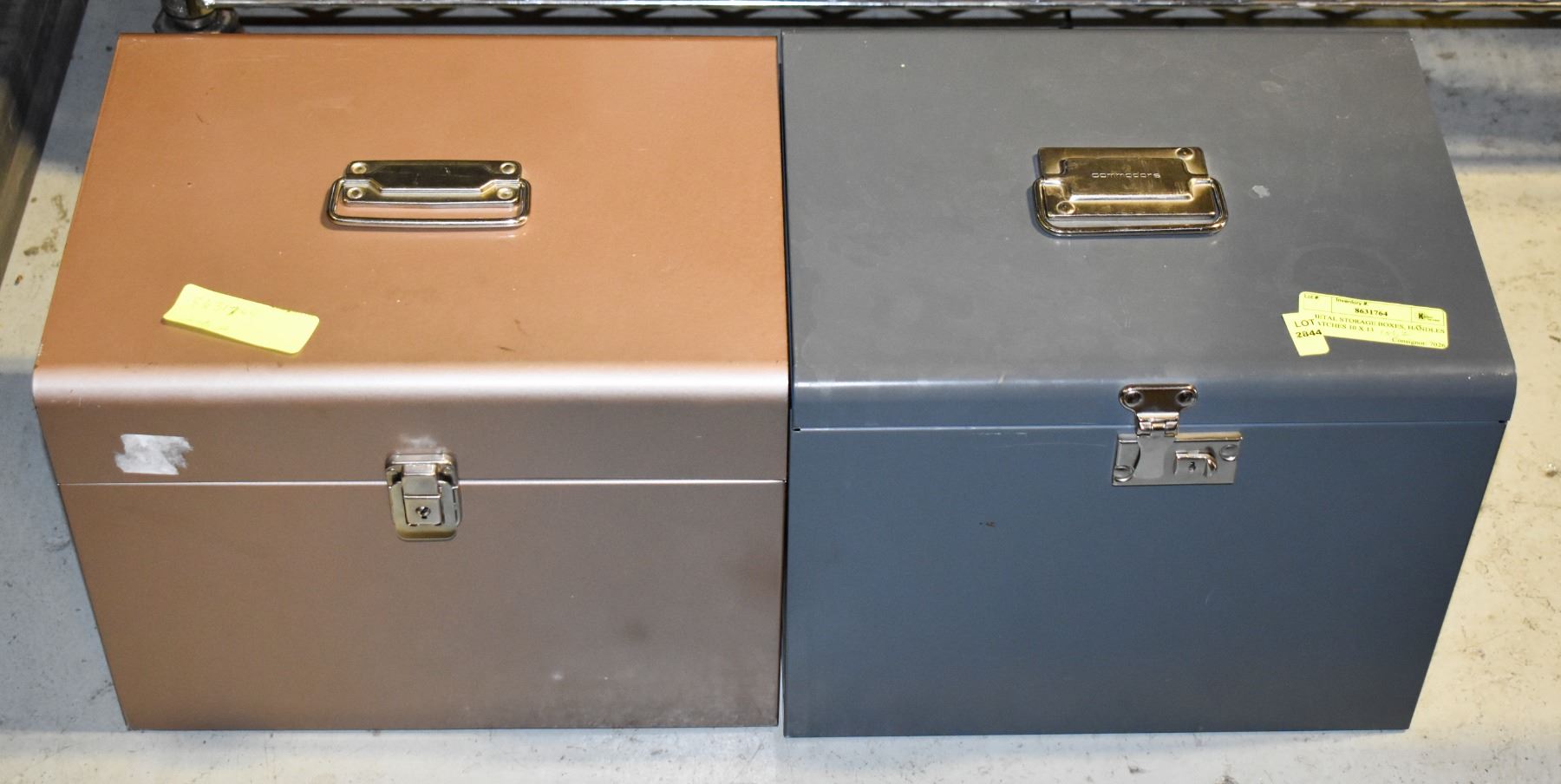 2 METAL STORAGE BOXES, HANDLES + LATCHES 10 X 13