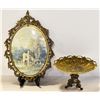 Image 1 : VINTAGE BRASS FRAMED PICTURE & BRASS FOOTED DISH