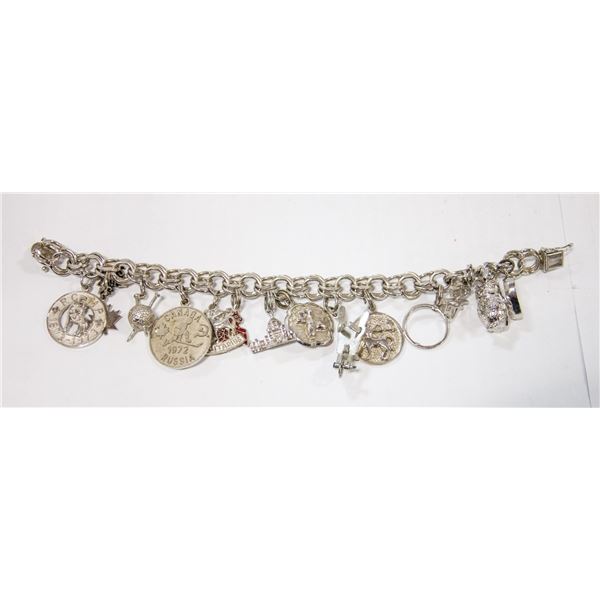 HEAVY .925 SILVER BRACELET WITH 14 SILVER CHARMS