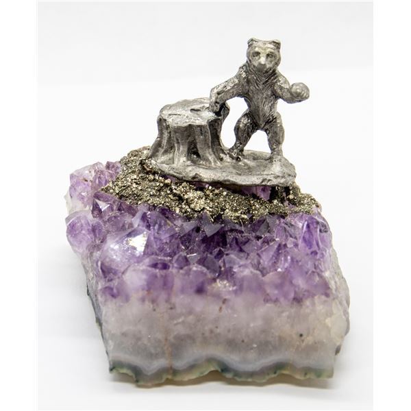 PEWTER BEAR ON AMETHYST STONE STATUE