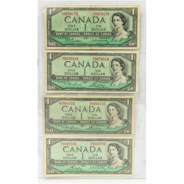 4 X 1954 CANADIAN $1 BILLS