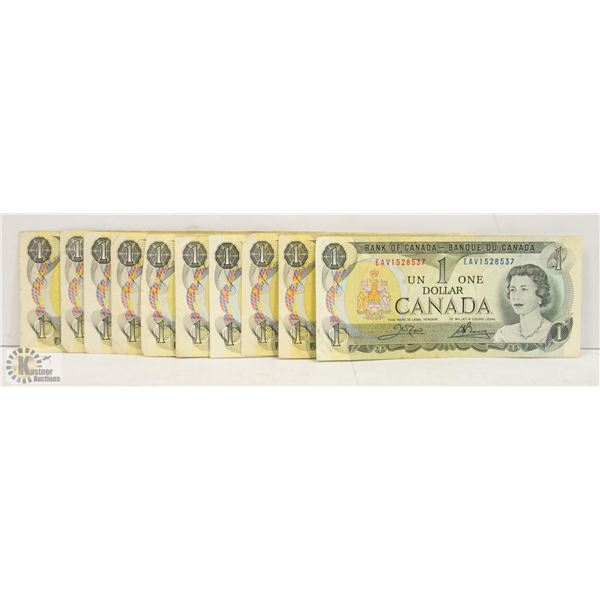 10 X 1973 CANADIAN $1 BILLS