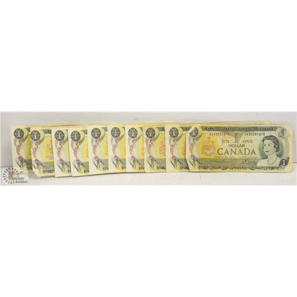 10 X 1973 CANADIAN $1 BILLS