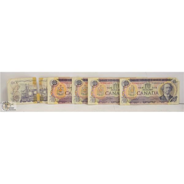 5 X 1971 CANADIAN $10 BILLS -ONE IS RIPPED IN HALF