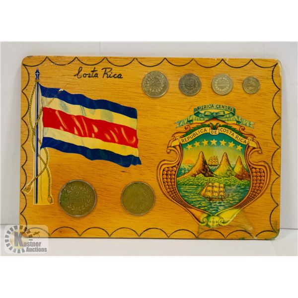 COSTA RICA WOODEN PLAQUE AMERICA CENTRAL W/ COINS