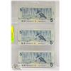 Image 1 : 1986 CANADIAN $5 BILLS (3)- CONSECUTIVE SERIAL