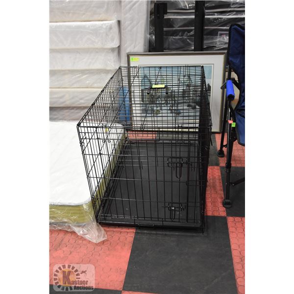 NEWLY ASSEMBLED DOUBLE DOOR DOG CRATE WITH