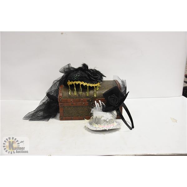 WOOD CHEST BOX WITH 3 HAT/HAIR PIECES
