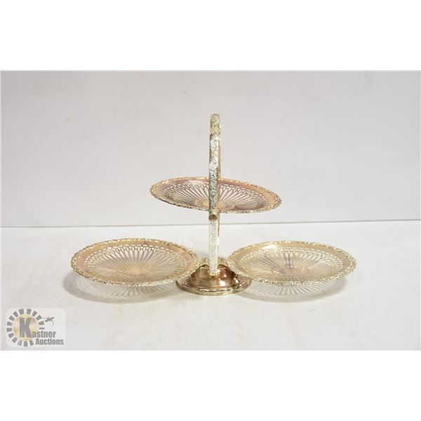 3 TIER SILVER SERVING PLATTER APPROX 10" TALL