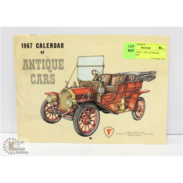 1967 ANTIQUE CAR CALENDAR UNMARKED