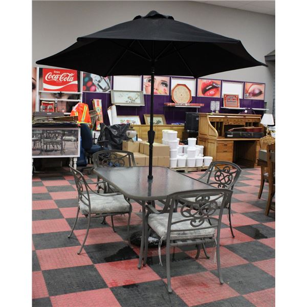 GLASS TOP PATIO SET INCLUDES UMBRELLA WITH BASE,