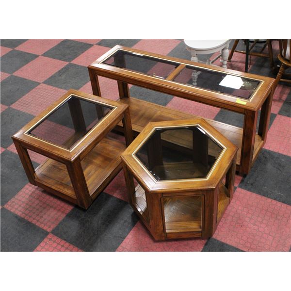 SET OF THREE SOLID WOOD AND GLASS TOP TABLES