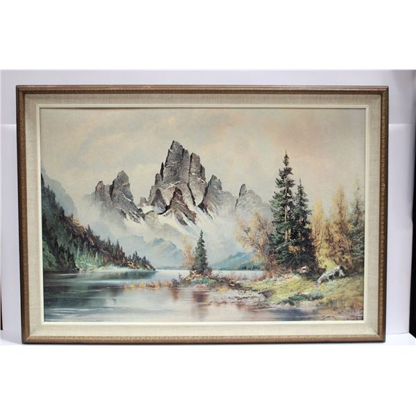 FRAMED MOUNTAIN SCENE OIL PAINTING - 28" X 40"
